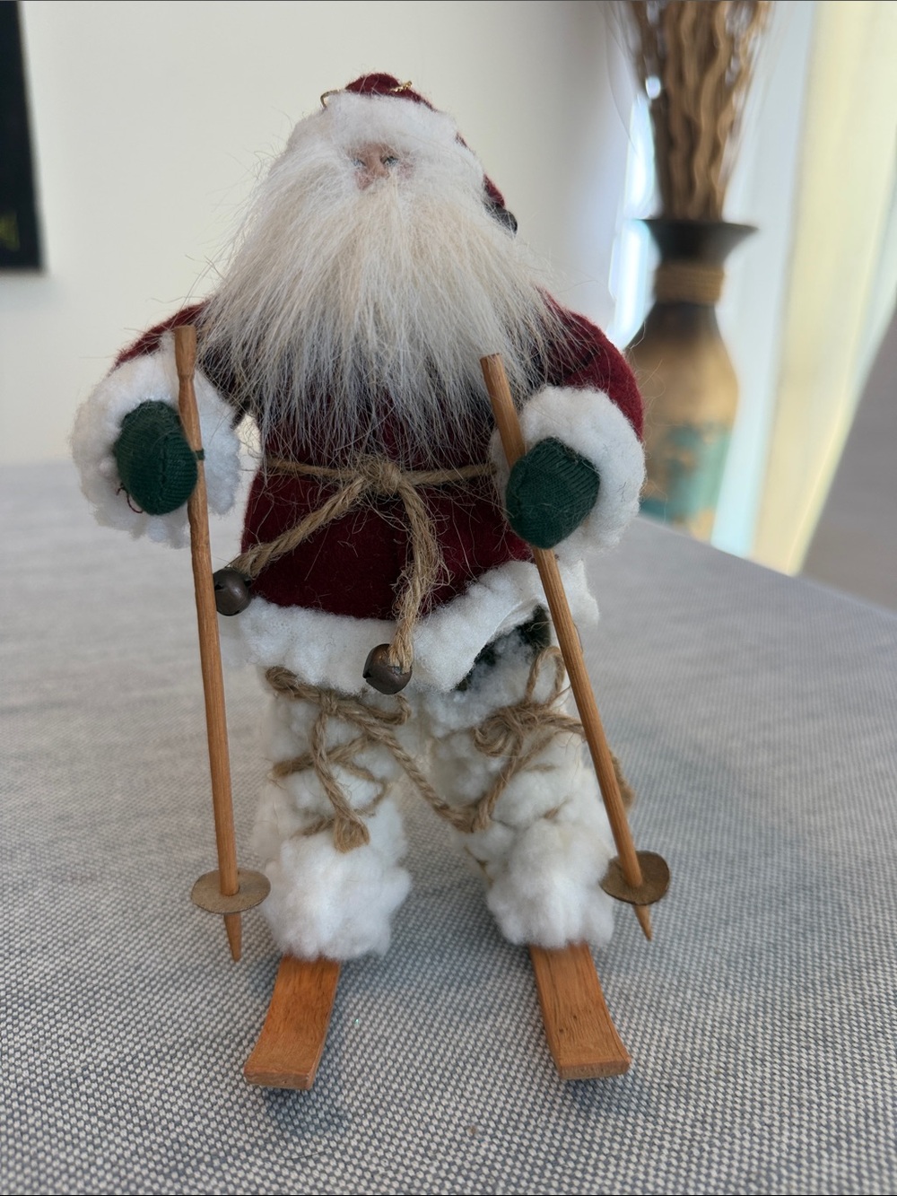 Vintage Red and White Skiing Santa Figurine with Green Mittens and sack